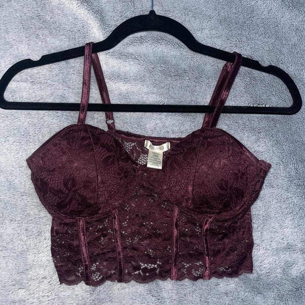 Maroon Lace Top, short length, built in bra
